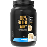 Maxler envase frontal Golden Whey vainilla, presentación clara y beneficios proteicos