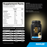 Maxler etiqueta nutricional enfocada en 24 g proteína y bajos azúcares