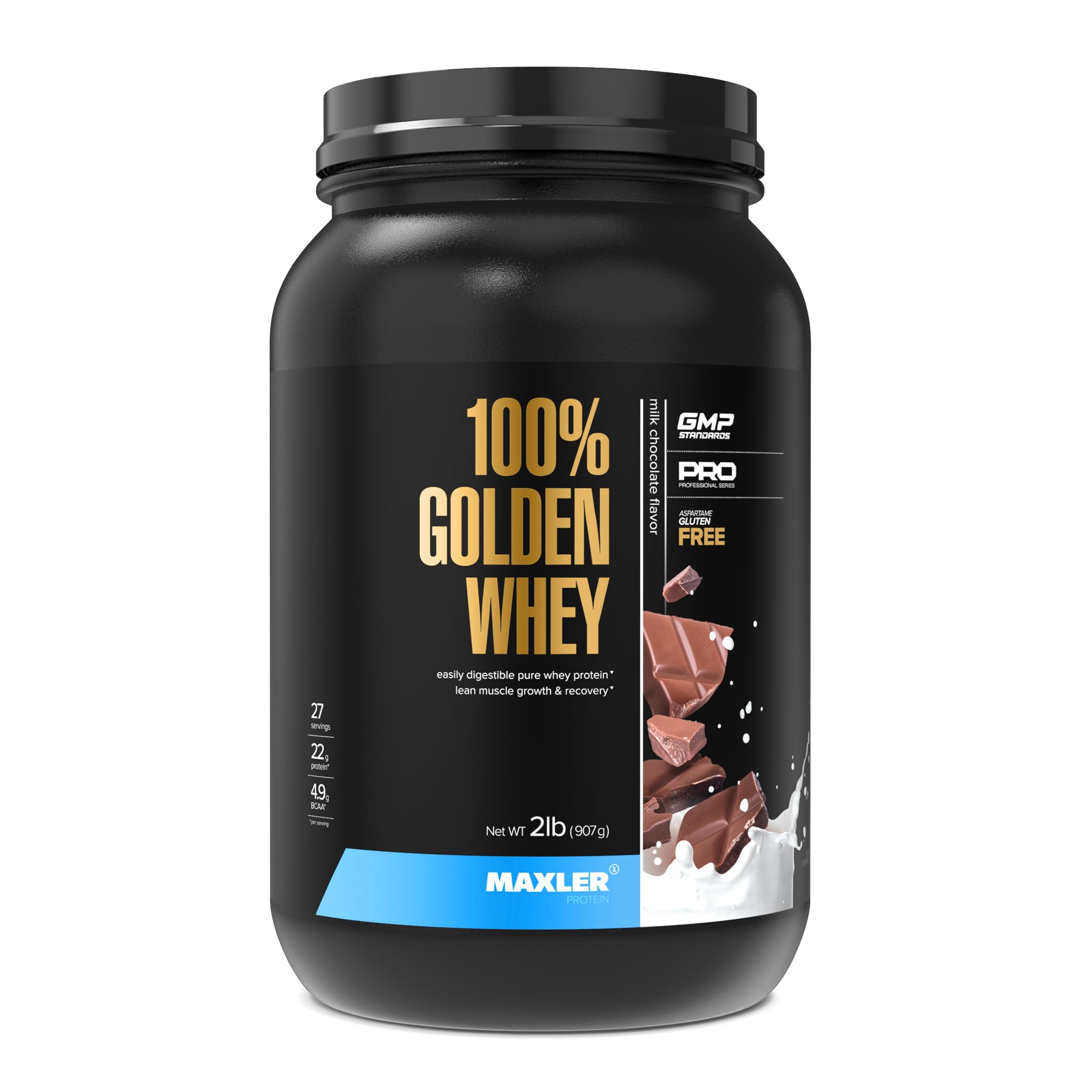Maxler frasco frontal chocolate mostrando etiqueta y beneficio de 22 g proteína