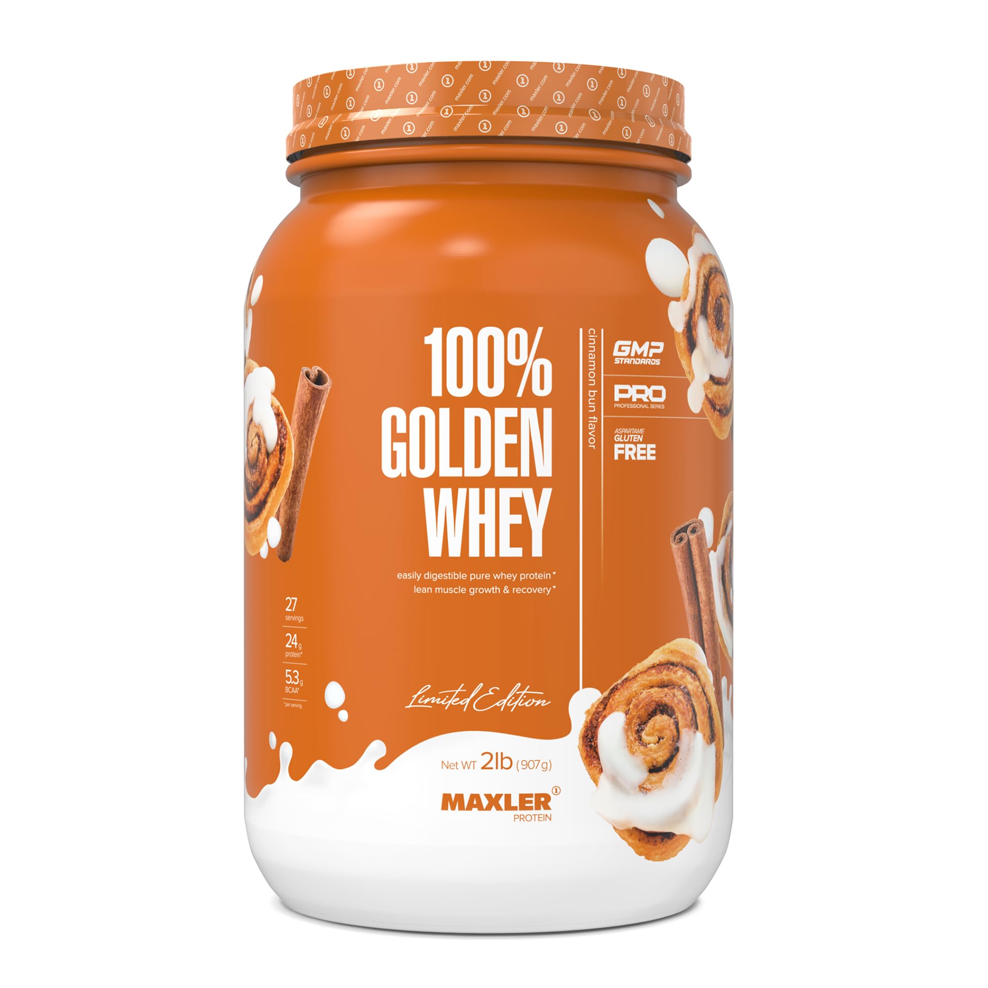 Maxler envase frontal cinnamon bun mostrando marca y sabor, atractivo visual