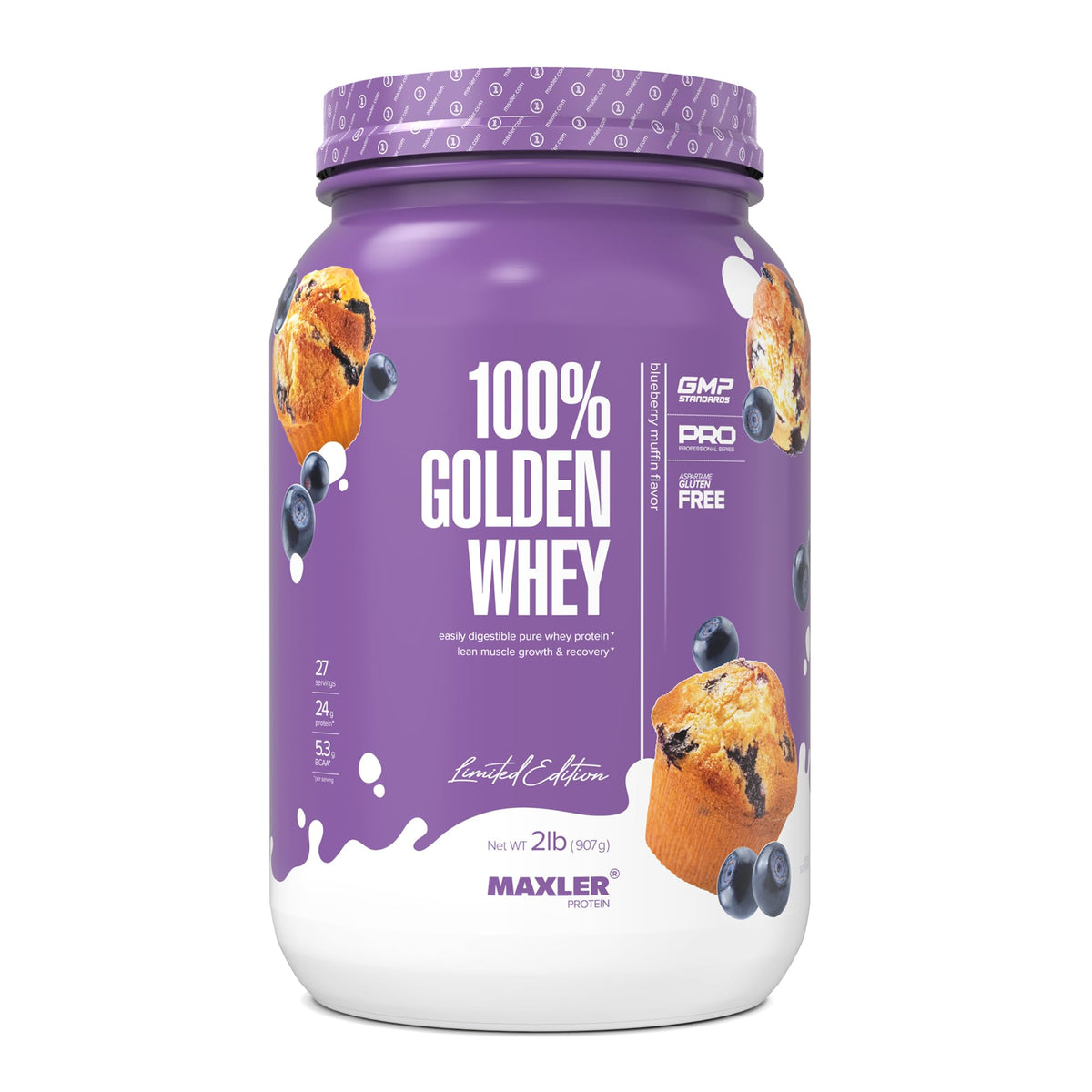 Maxler frente del envase mostrando marca y sabor blueberry muffin