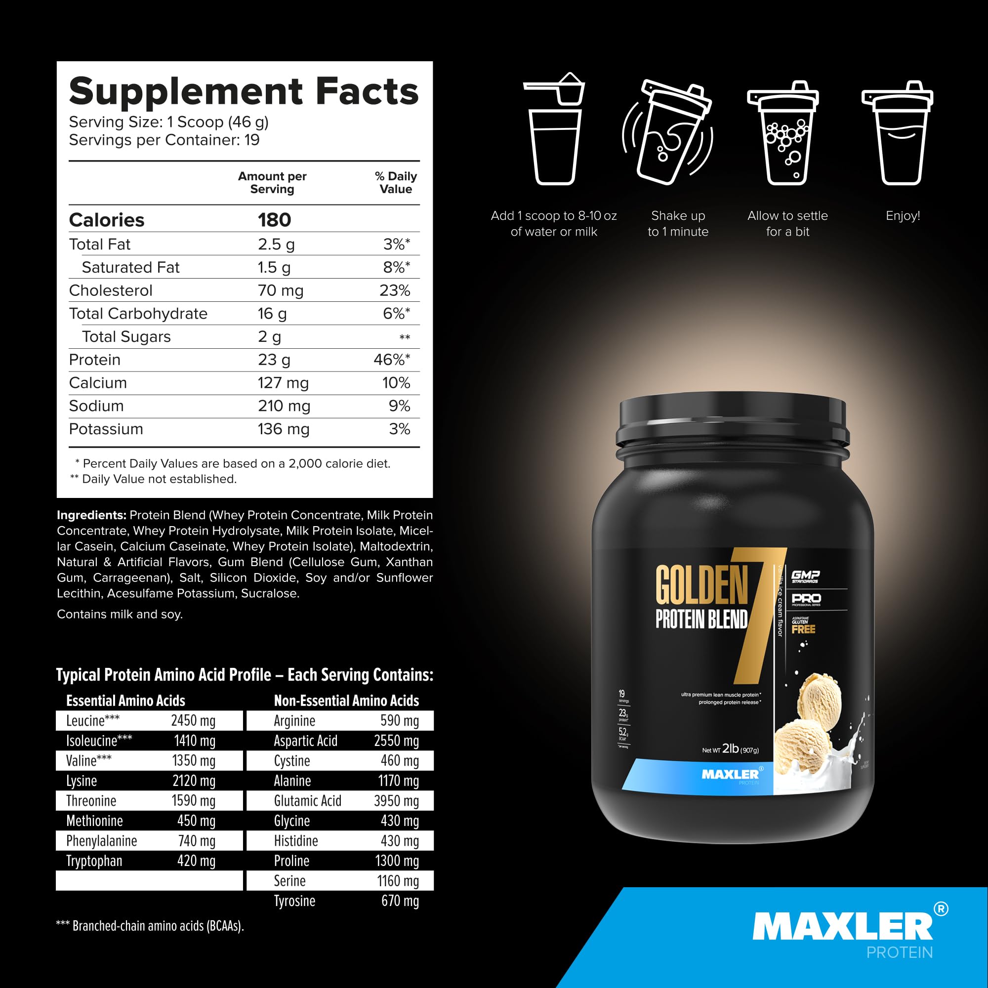 Maxler Golden 7 etiqueta nutricional, detalla proteínas y aminoácidos