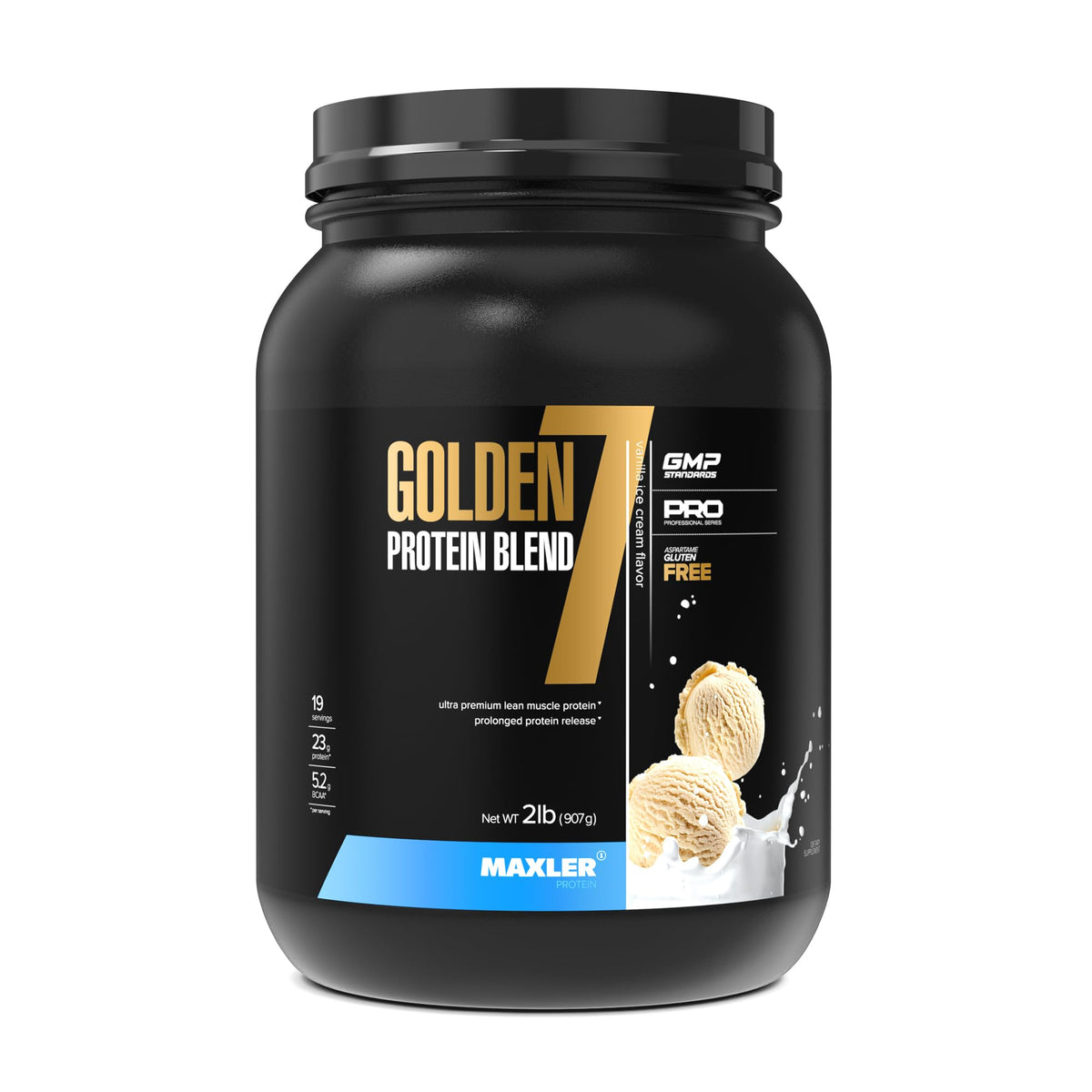 Maxler Golden 7 frontal mostrando envase y ventaja de mezcla rápida