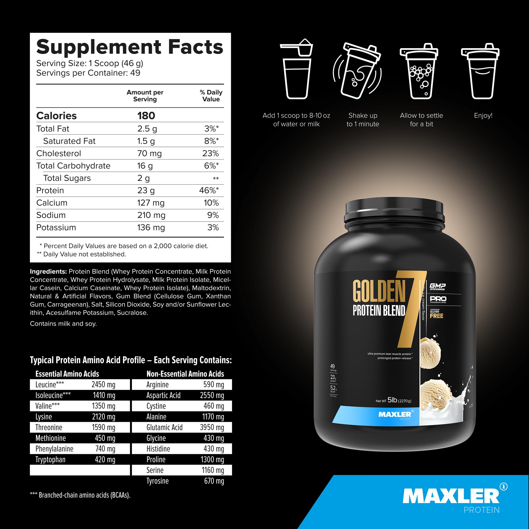 Maxler Golden 7 cuchara medidora con porción demostrando control de ración