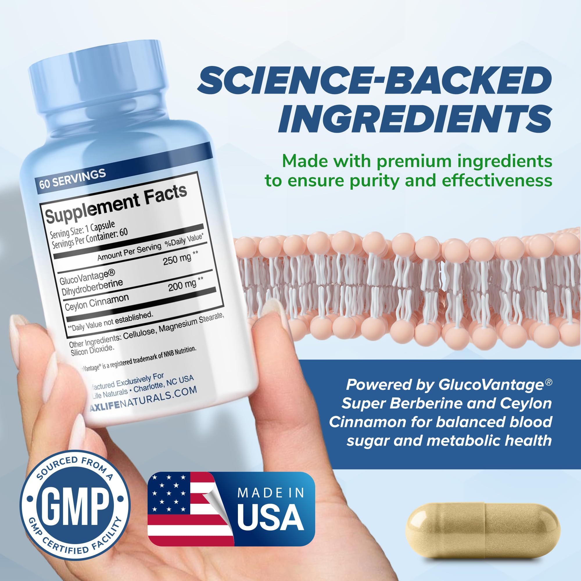 MAXLIFE NATURALS etiqueta con ingredientes destacando Glucovantage patentado
