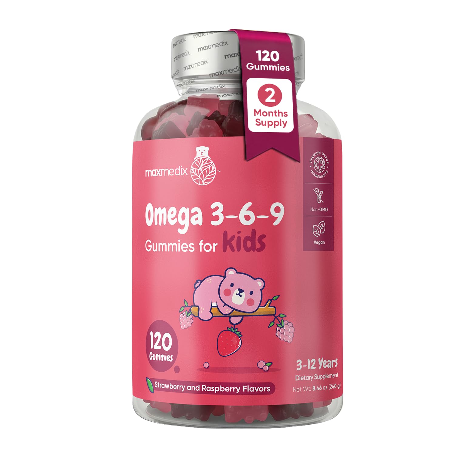 maxmedix frasco frontal mostrando 120 gomitas veganas, fácil dosificación