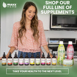 Maxx Herb tintura vertida en vaso, fácil mezcla y absorción rápida