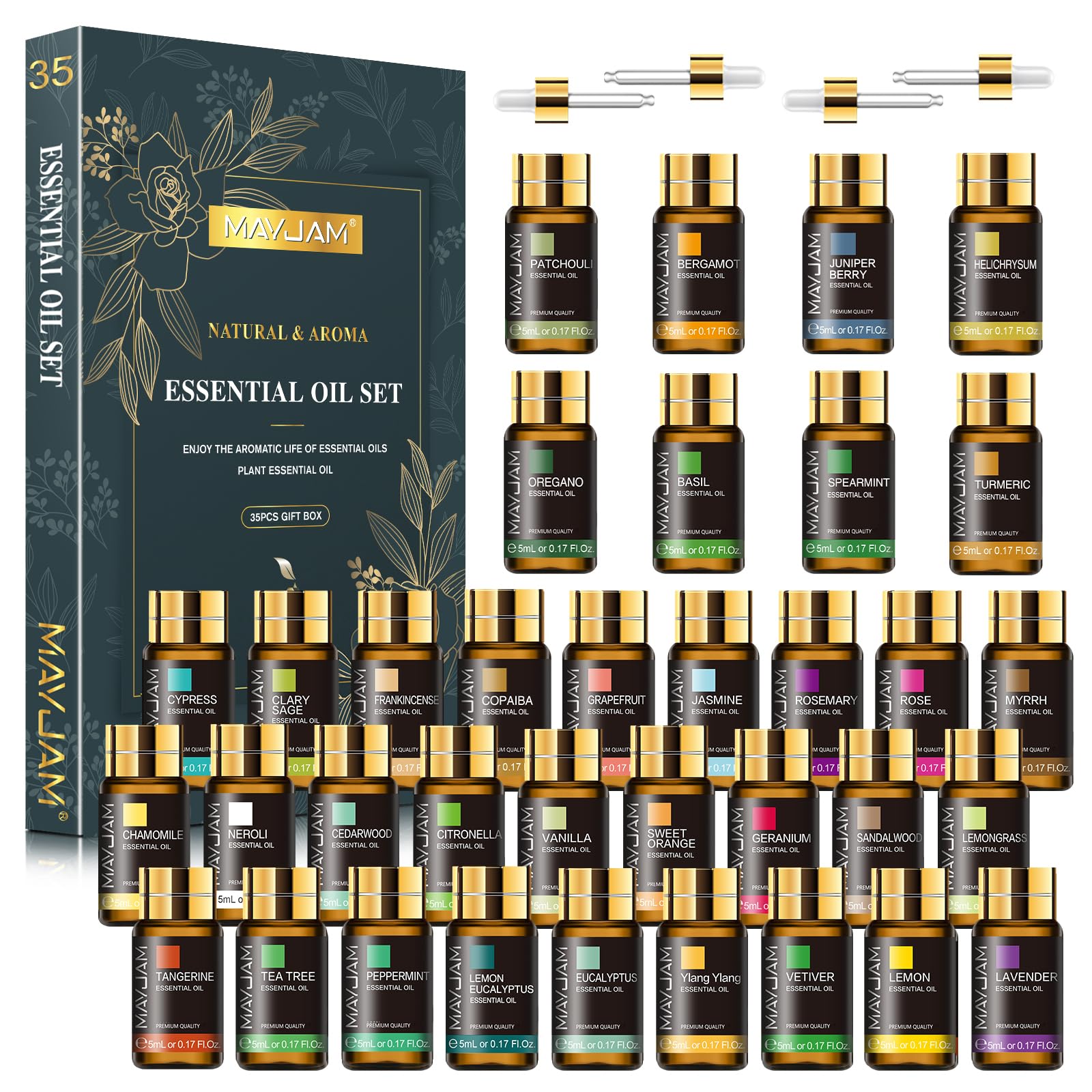 MAYJAM vista frontal del estuche con los 35 frascos, ideal para regalo