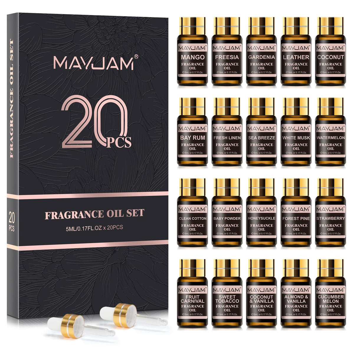 MAYJAM estuche frontal mostrando 20 frascos para elección rápida
