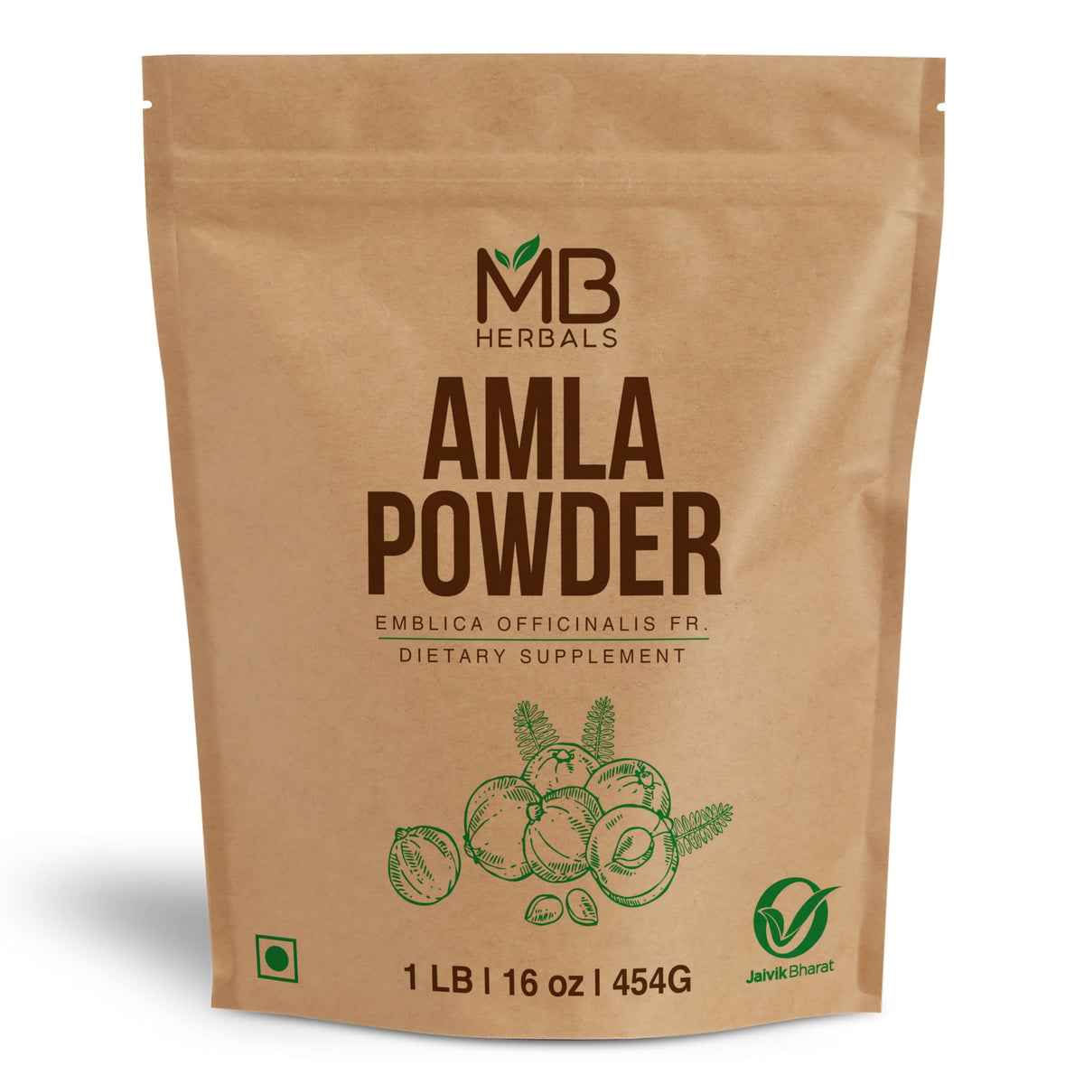 MB Herbals frente del empaque de amla 454 g muestra ingredientes y beneficio pureza