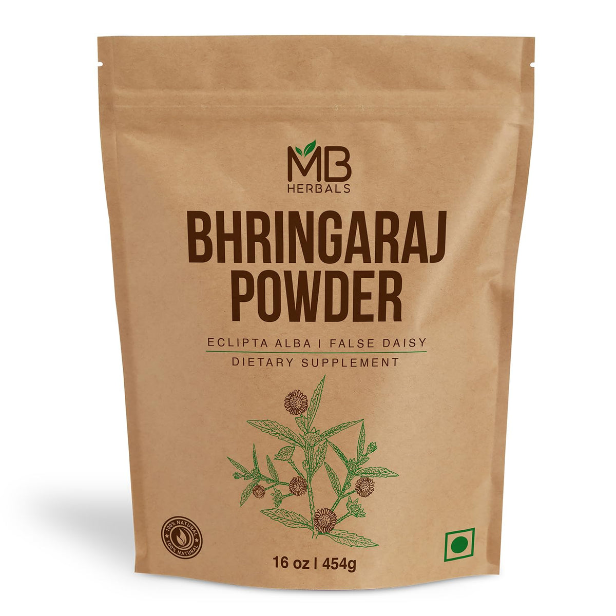MB Herbals envase frontal de Bhringraj 454 g mostrando etiqueta clara y origen Kerala