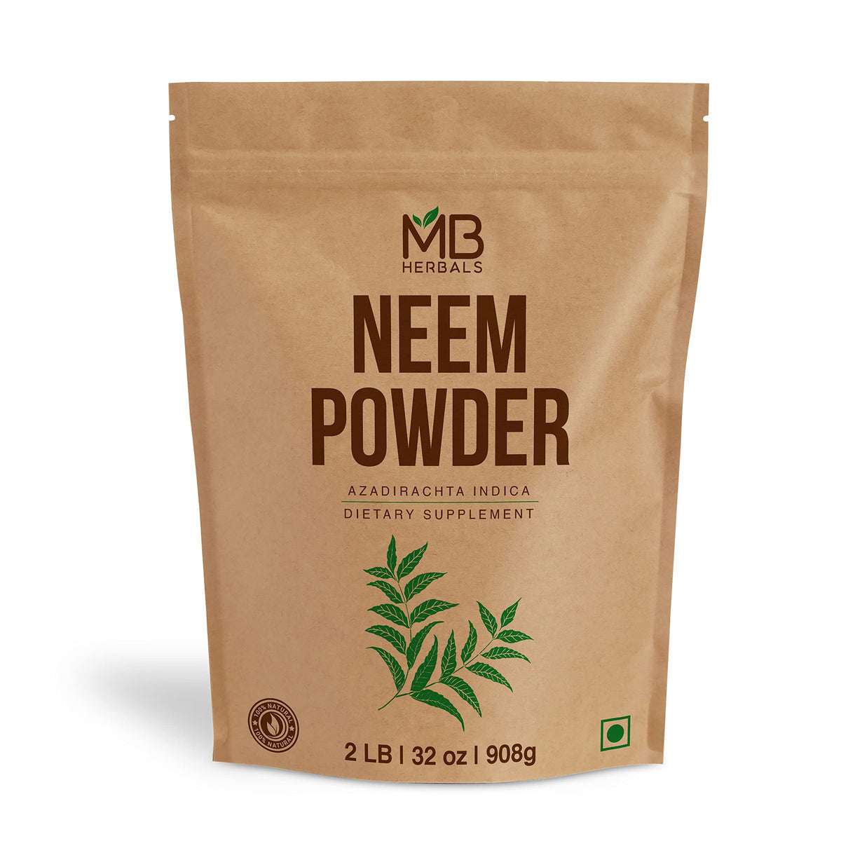 MB Herbals envase frontal de Neem Powder 2 lb, formato grande y pureza visible