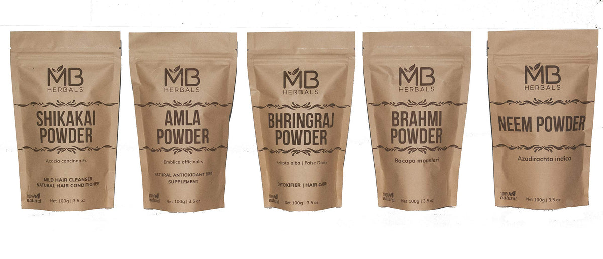 MB Herbals pack frontal con bolsas resellables y etiquetas visibles, práctico para combinar