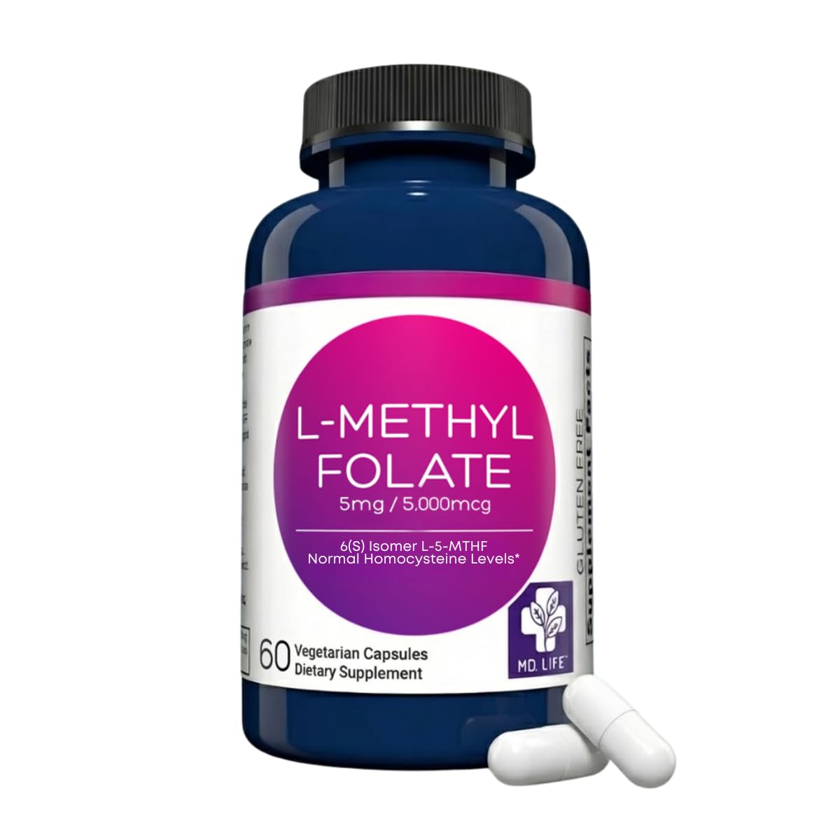 MD.LIFE frasco frontal mostrando 60 cápsulas y concentración 5 mg