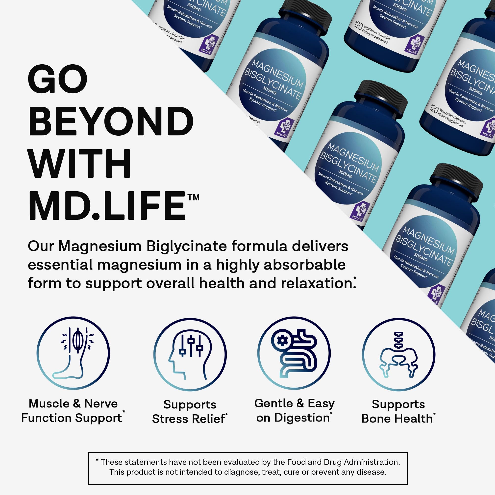 MD.LIFE cápsulas de magnesio bisglycinate detalle, fácil de tragar
