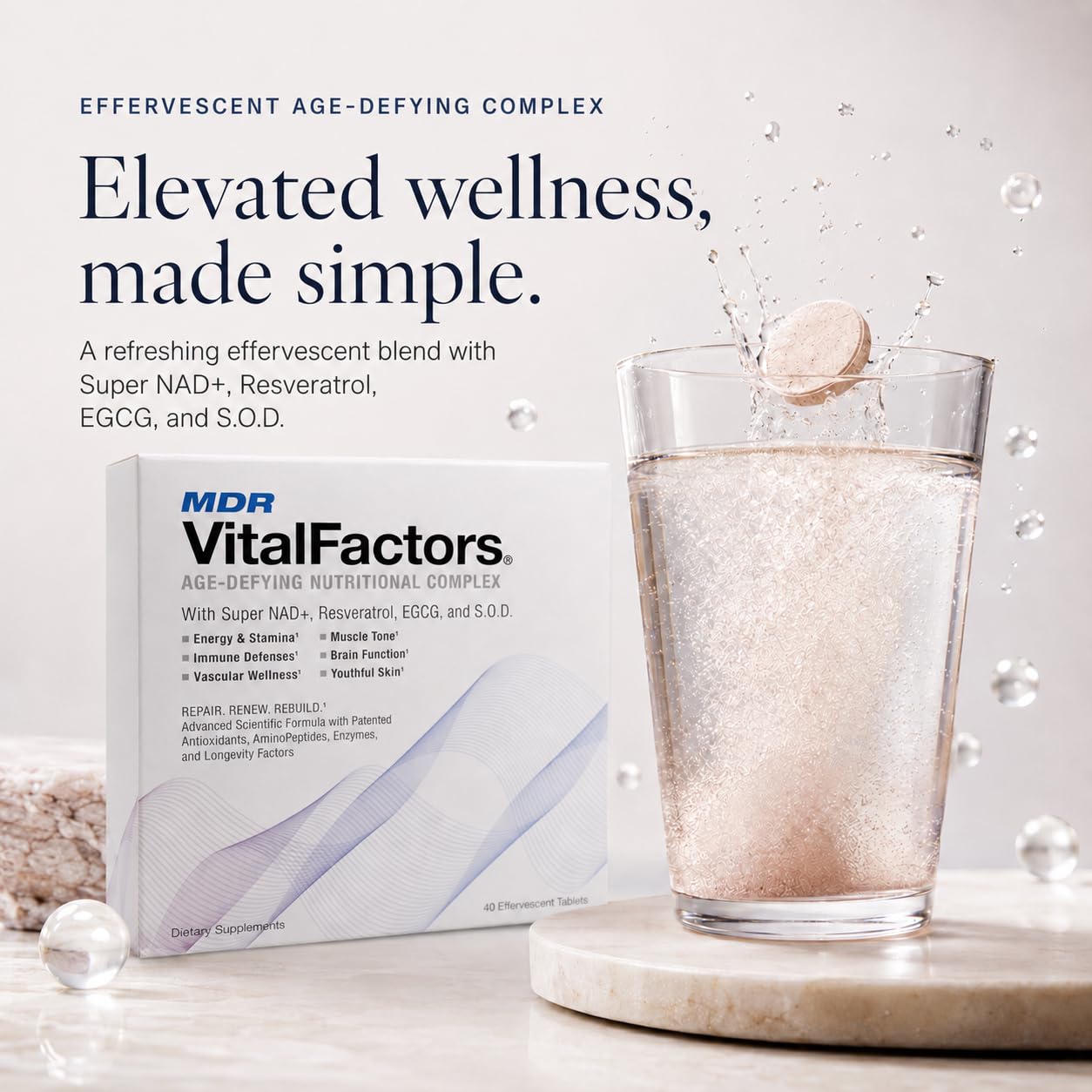 Primer plano de tableta MDR VitalFactors que revela textura y formulación pura