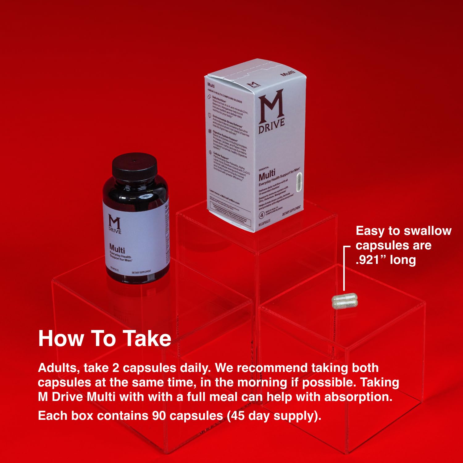Mdrive frasco en manos para comparar tamaño y dosis práctica