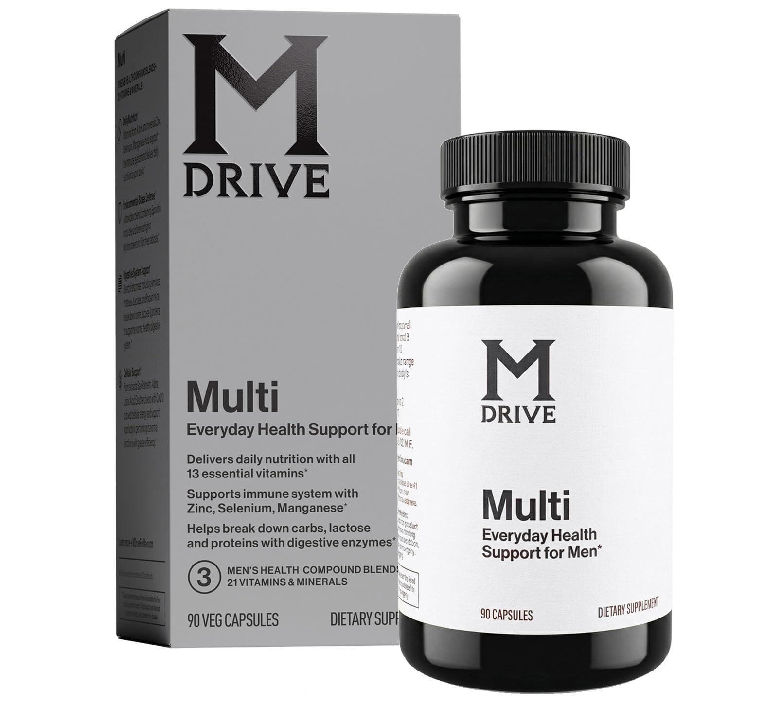 Mdrive frasco frontal mostrando diseño y beneficio de apoyo diario