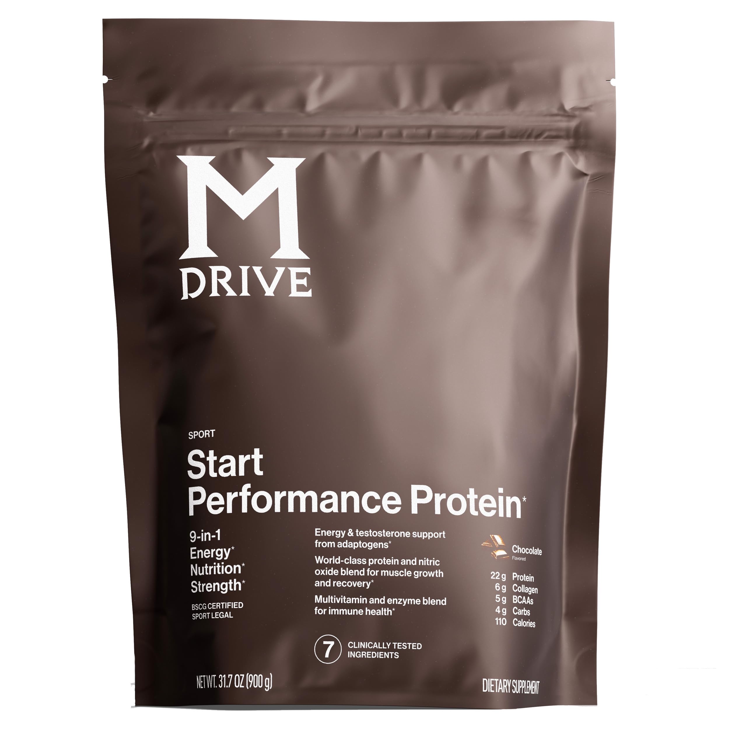 Mdrive Start frente del envase mostrando 30 porciones y sabor chocolate mousse