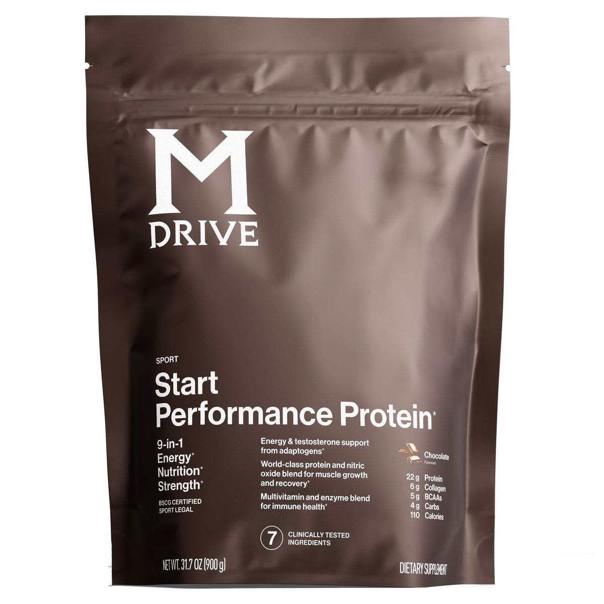 Mdrive Start frente del envase mostrando 30 porciones y sabor chocolate mousse