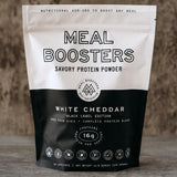 Meal Boosters frente del envase mostrando sabor White Cheddar y conveniencia