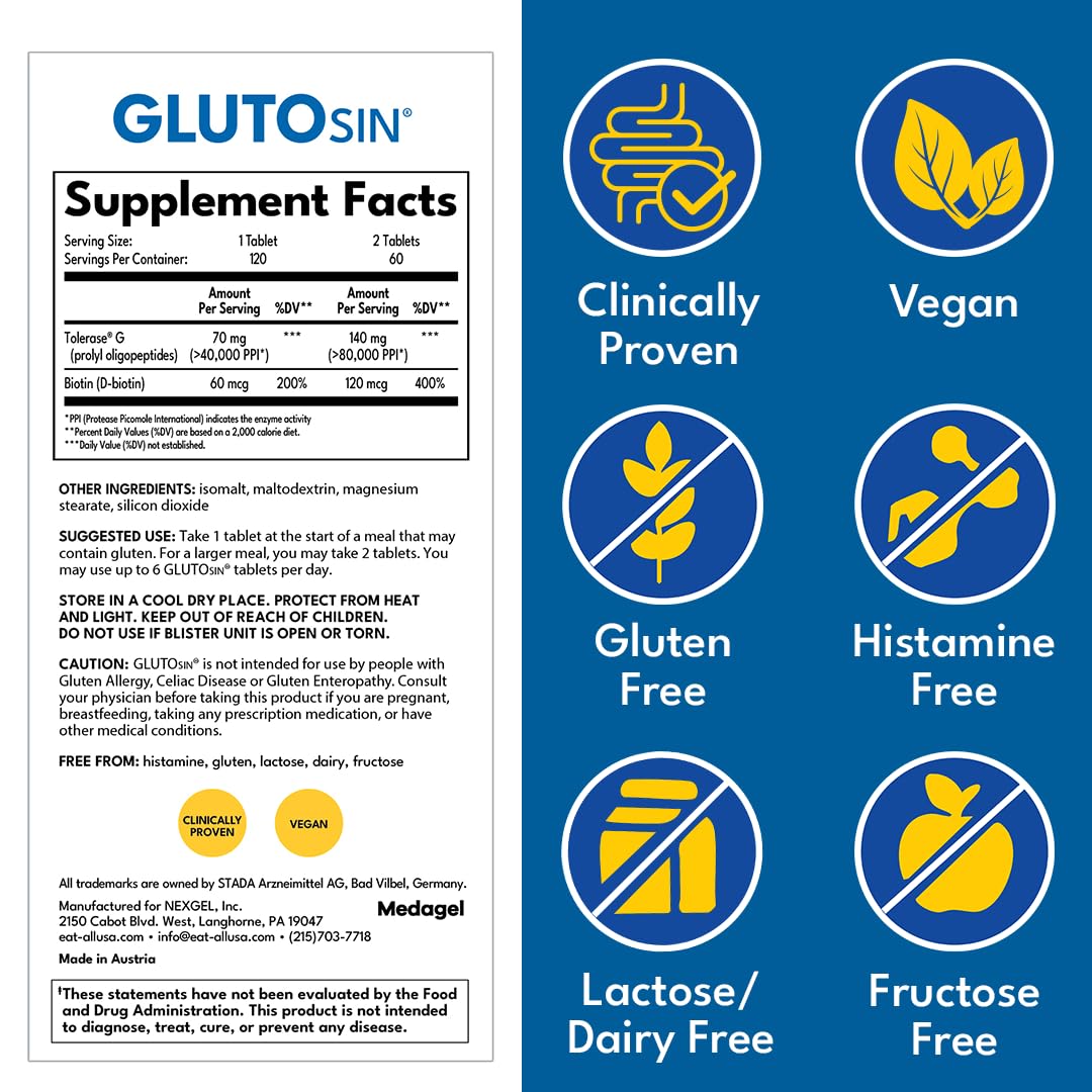 Medagel GLUTOsin caja abierta con tabletas lista para uso
