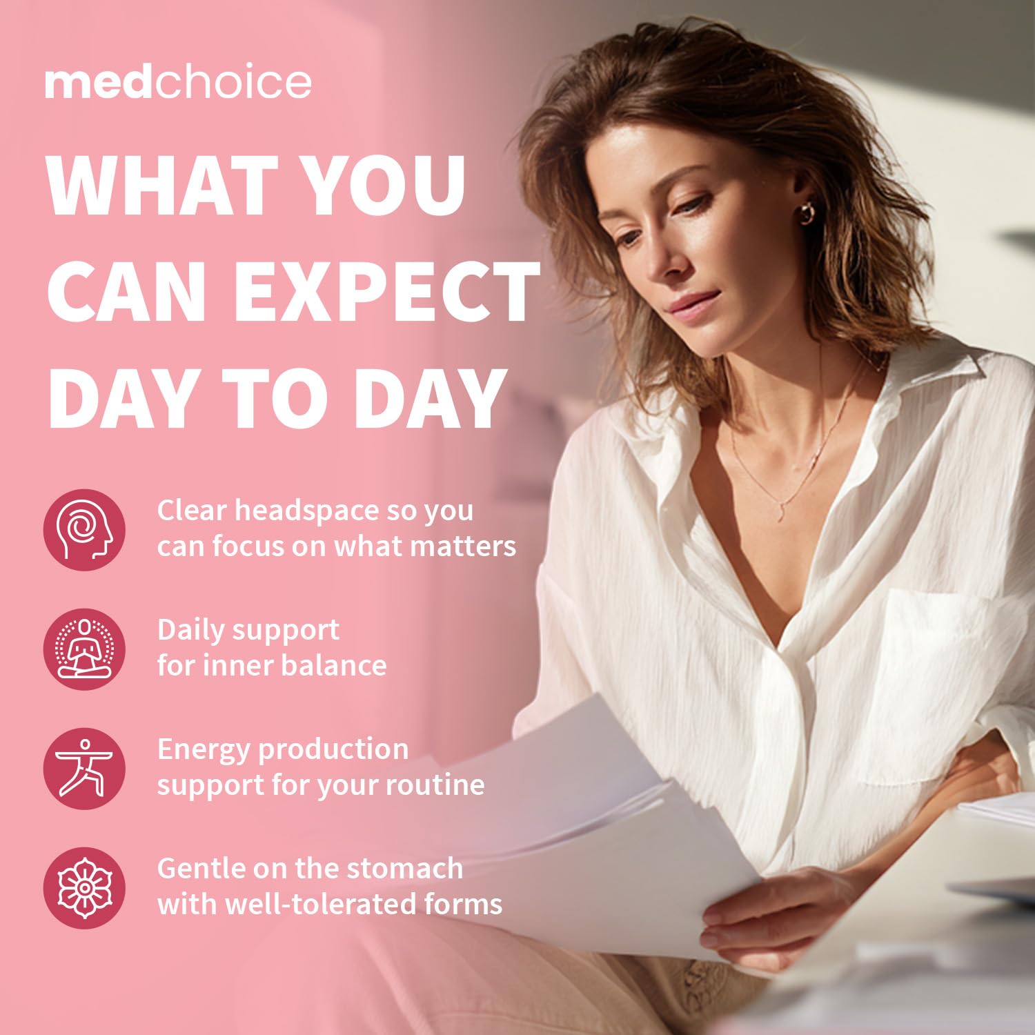 MEDCHOICE frasco abierto con cápsulas para visualización del contenido y conveniencia