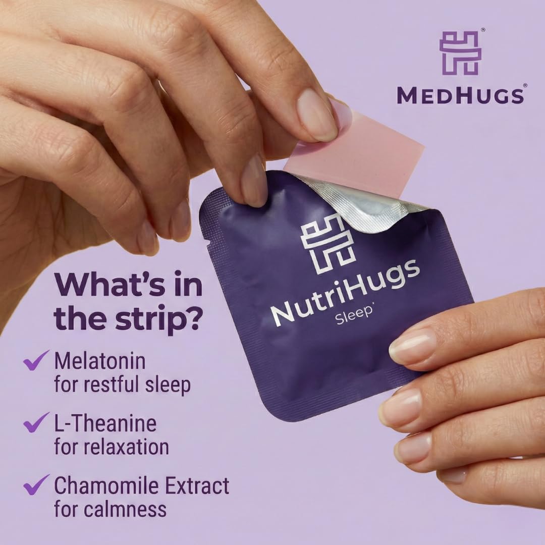 MedHugs primer plano de una tira, detalle de textura y disolución rápida
