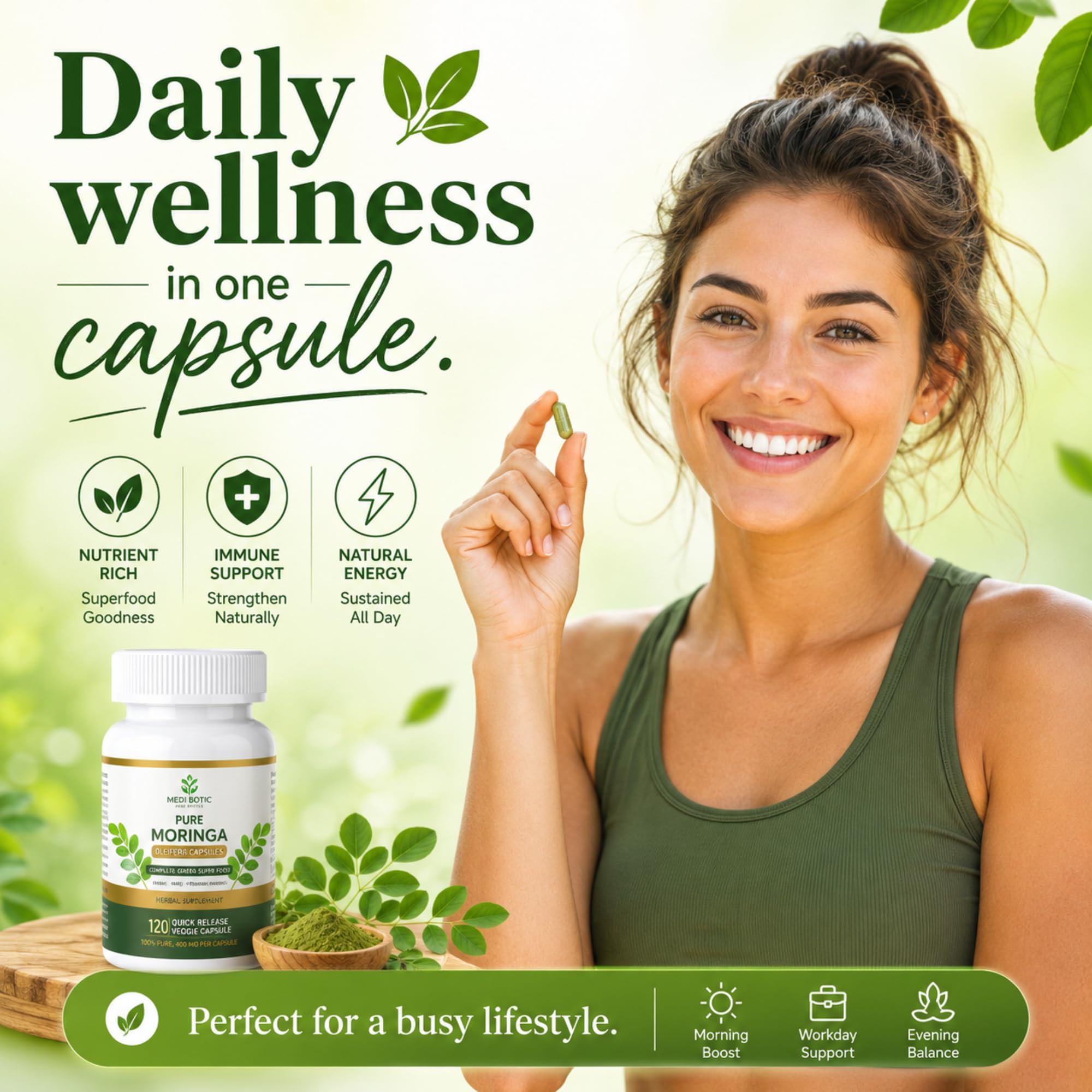 MEDI BOTIC hojas de moringa frescas del cultivo, origen supervisado