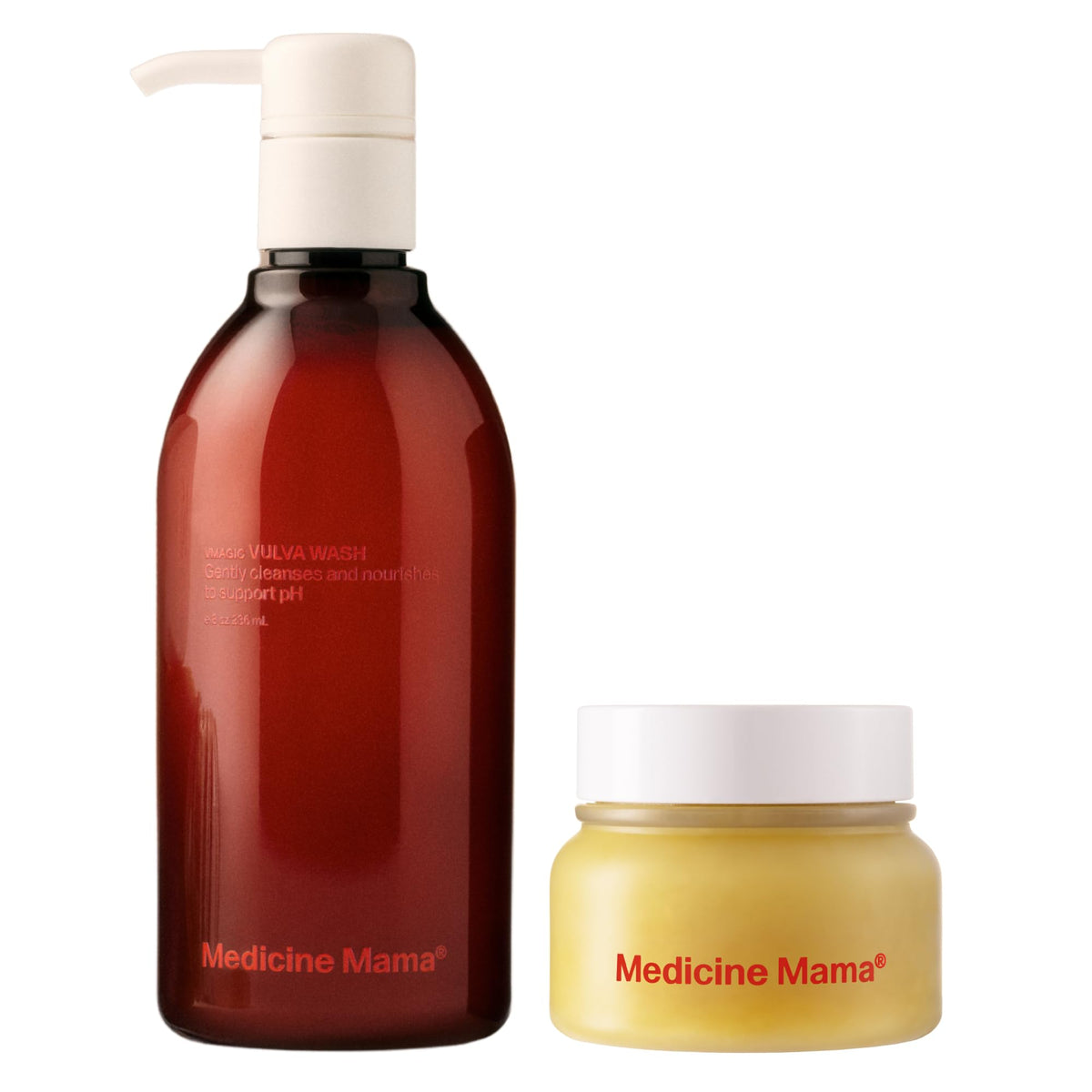 Medicine Mama's Apothecary pack frontal mostrando bálsamo y limpiador para cuidado íntimo