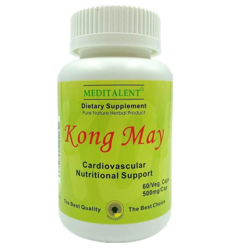 Meditalent Kong May vista frontal del frasco mostrando 60 cápsulas y beneficios