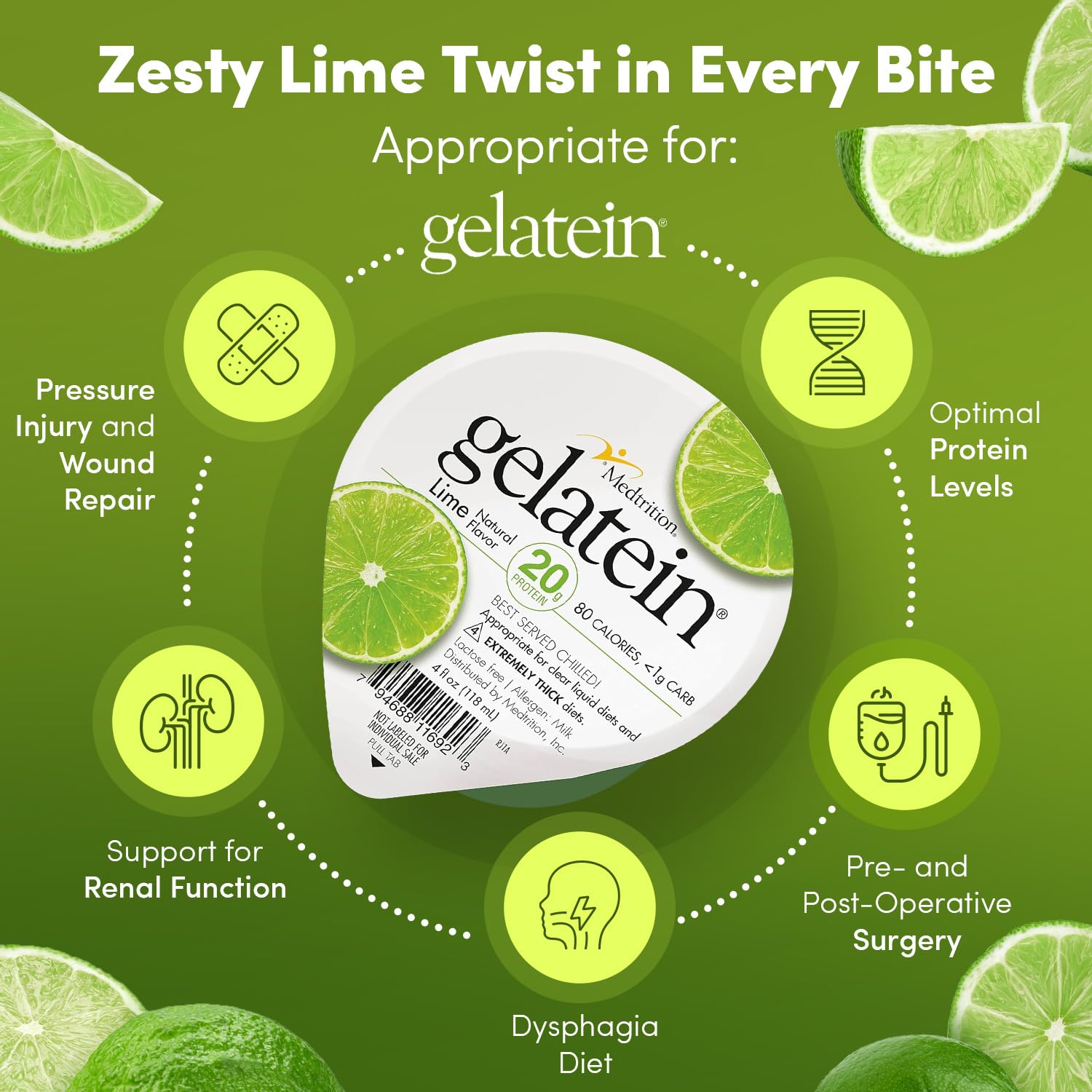 Medtrition Gelatein Lime comparada con mano para visualizar tamaño y porción