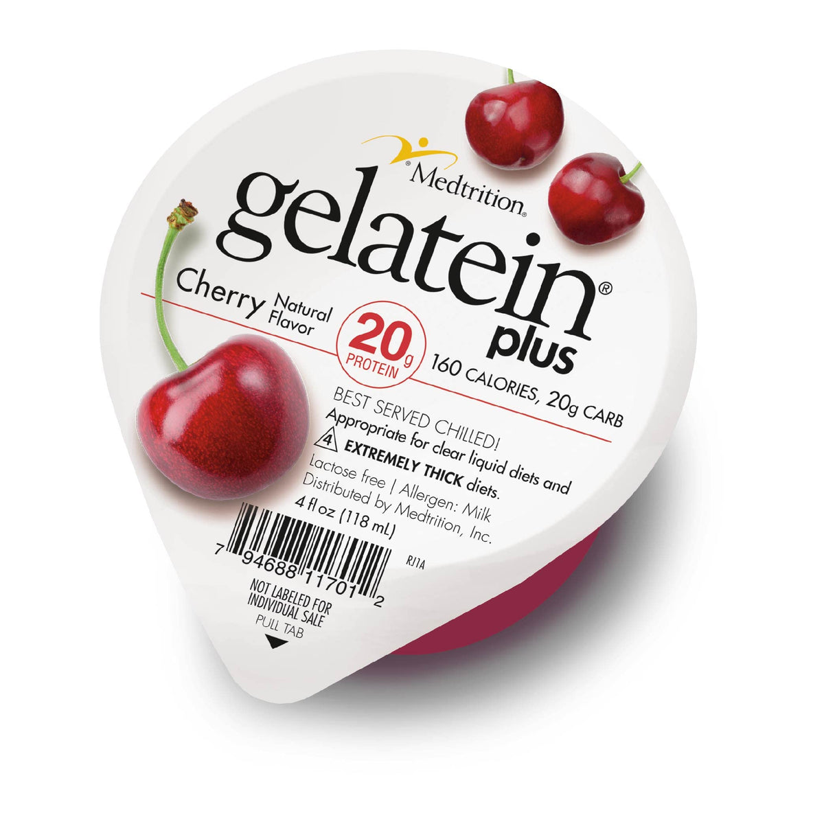 Medtrition Gelatein Plus Cherry frente del envase mostrando diseño y sabor cereza