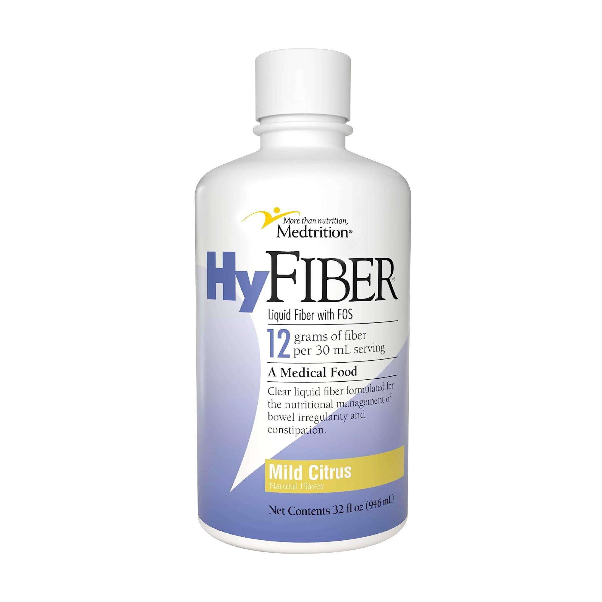 Medtrition HyFiber frente del envase mostrando botella y marca, fácil identificación del producto
