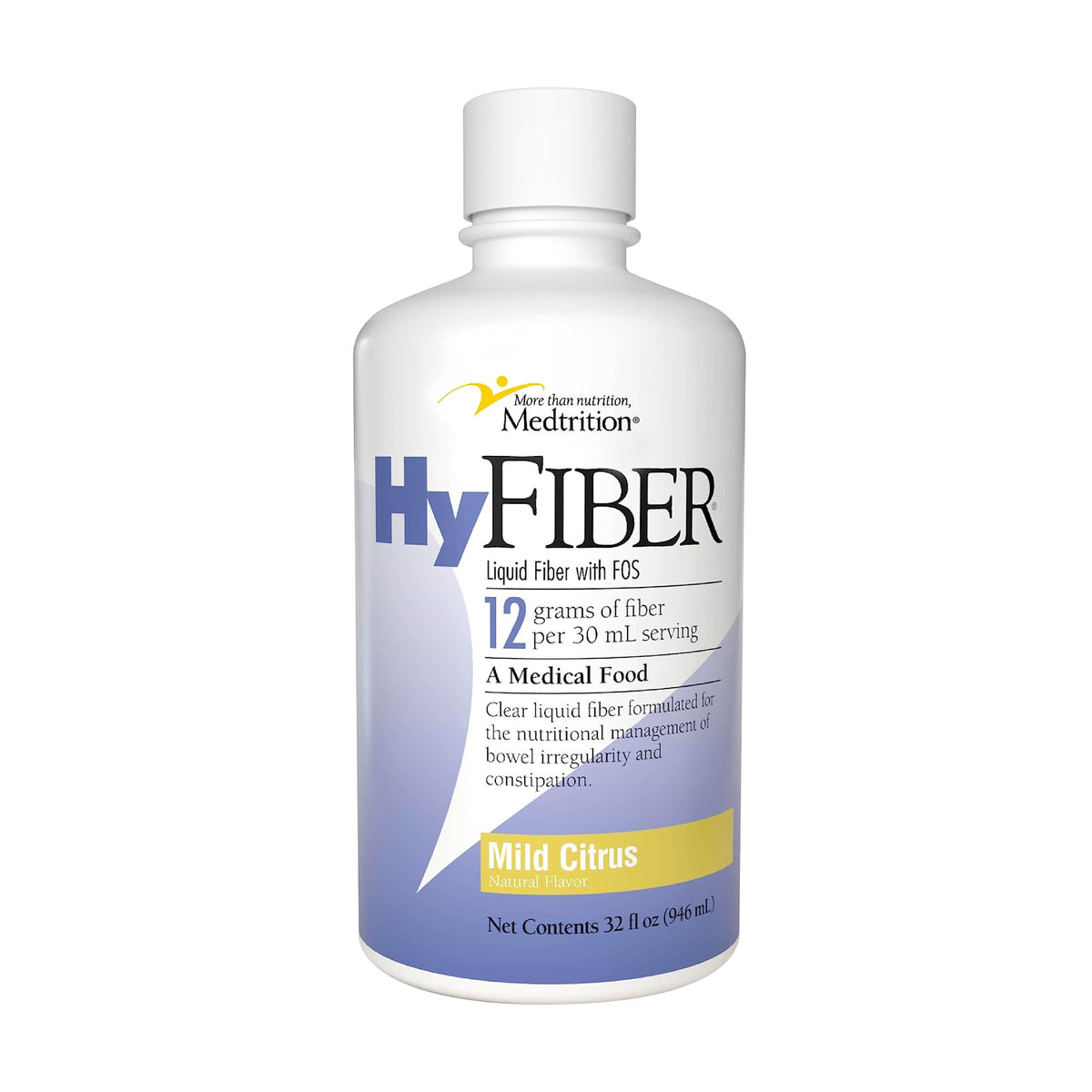 Medtrition HyFiber frente del envase mostrando botella y marca, fácil identificación del producto