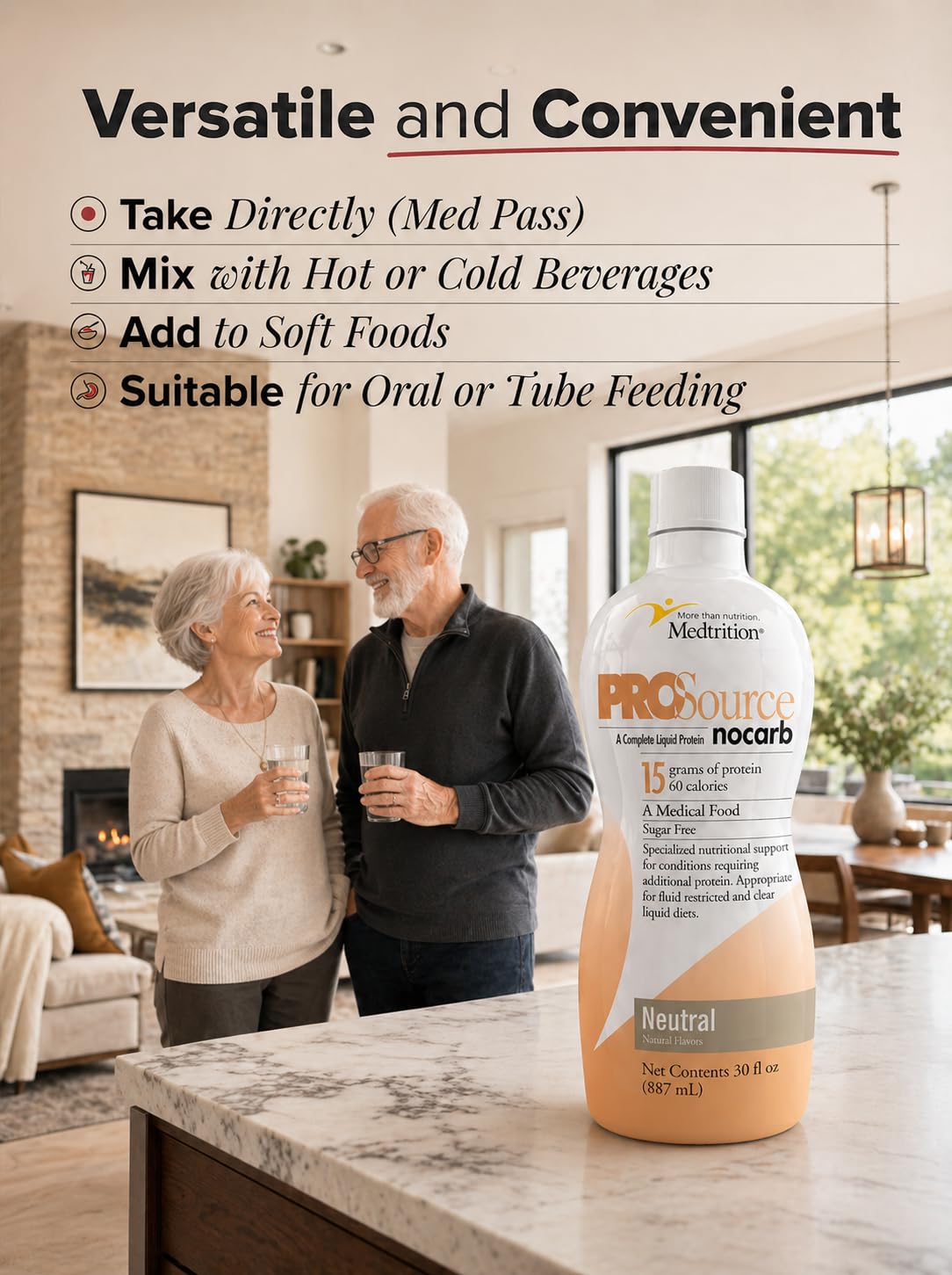 Medtrition ProSource botella junto a regla mostrando tamaño compacto y portátil