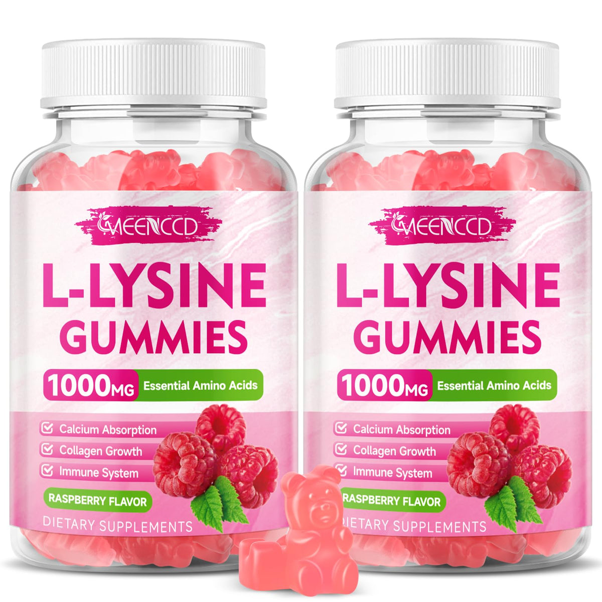 MEENCCD frente del envase mostrando información de lisina 1000 mg y sabor frambuesa