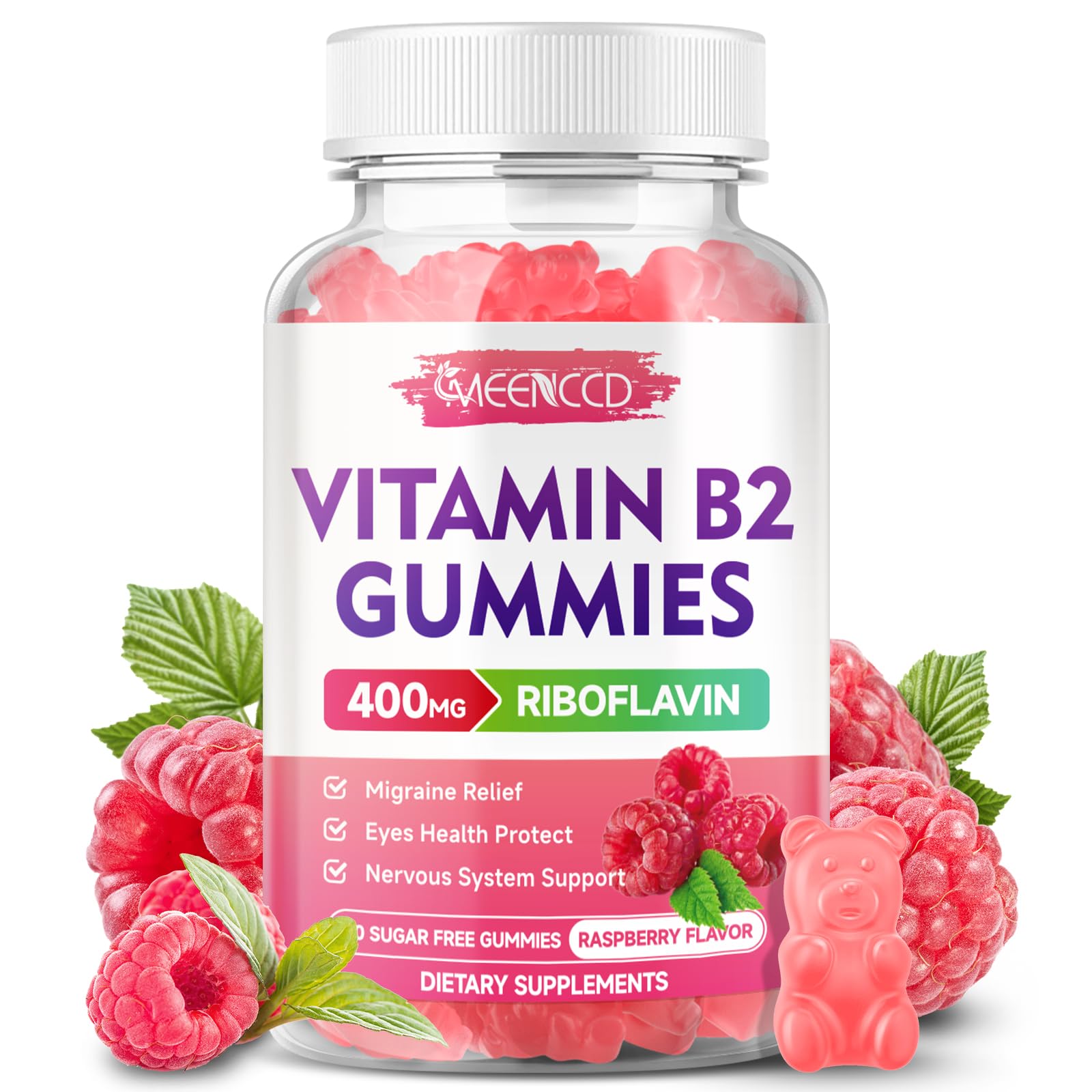 MEENCCD envase frontal mostrando gominolas y beneficios de riboflavina
