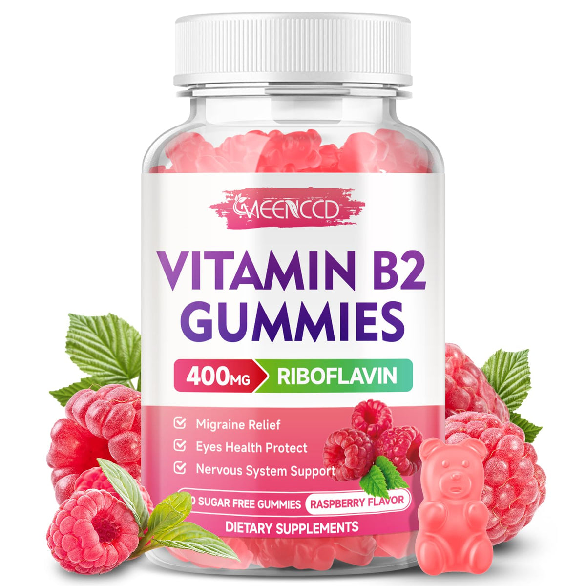 MEENCCD envase frontal mostrando gominolas y beneficios de riboflavina