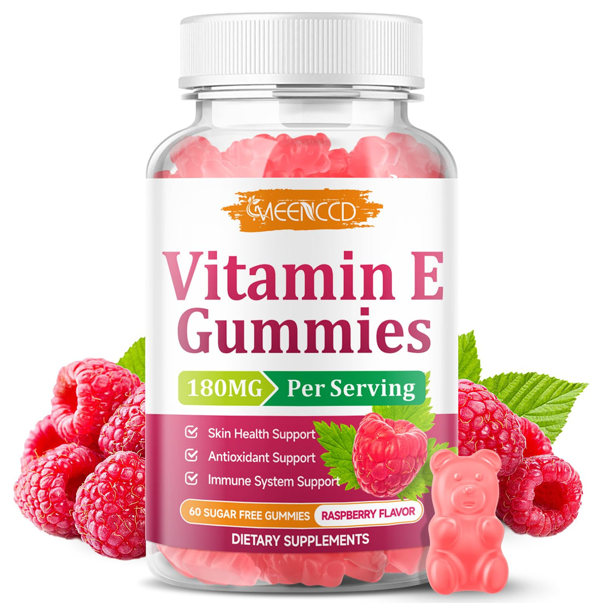 MEENCCD envase frontal de gomitas vitamina E muestra dosis y beneficio
