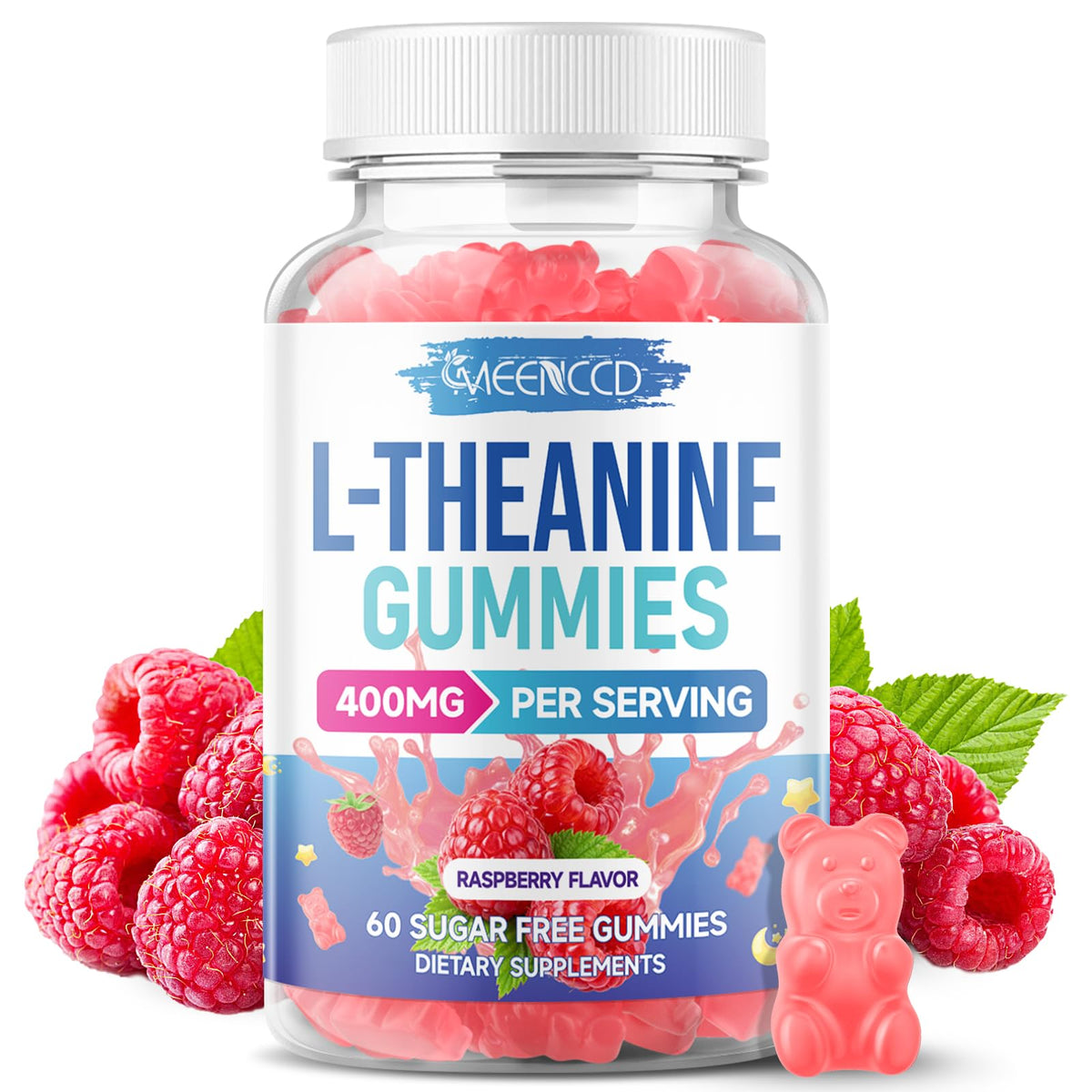 MEENCCD frasco de L-Theanine Gummies al frente, presentación clara y profesional