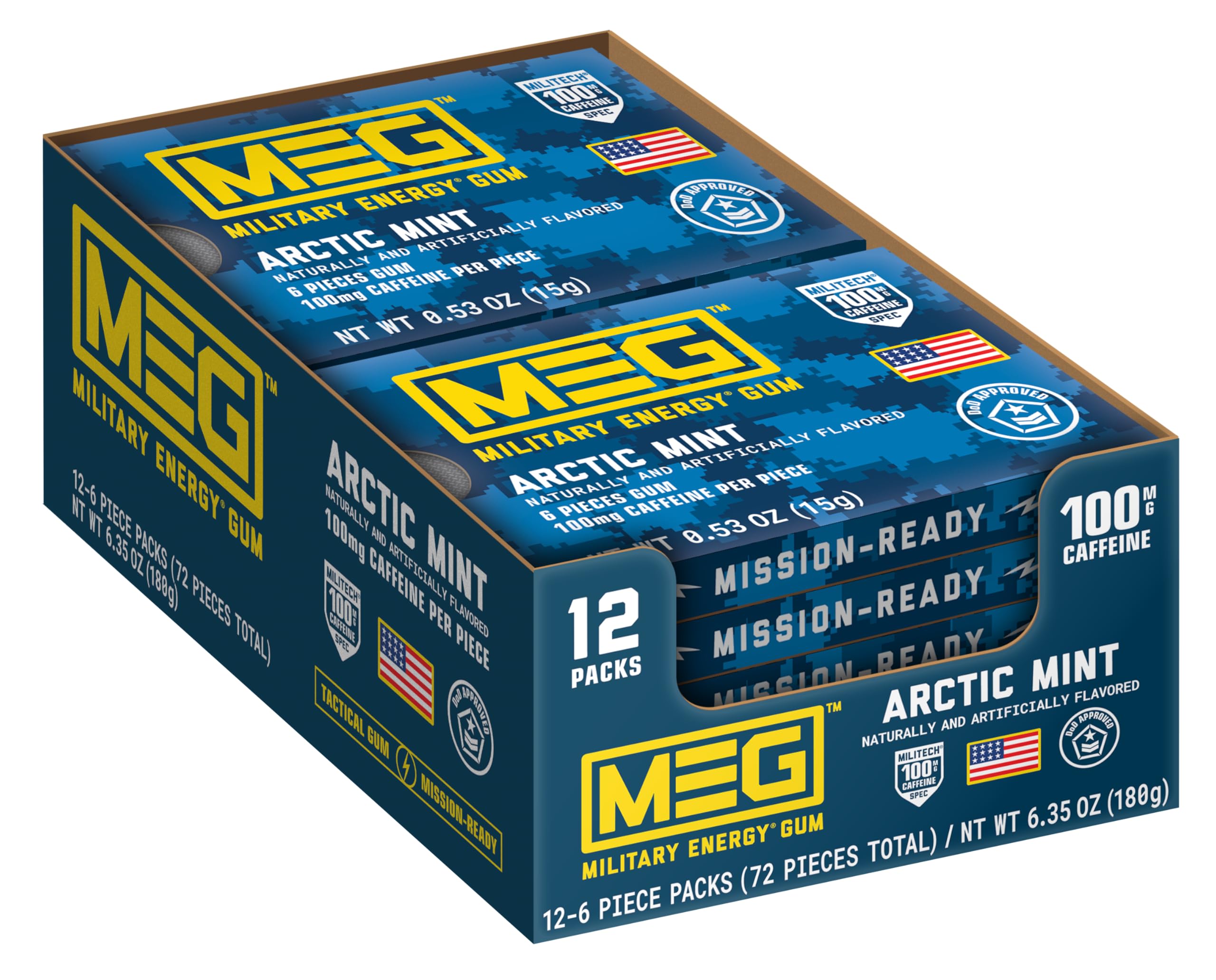 MEG empaque frontal Arctic Mint mostrando 12 paquetes y beneficio de energía rápida