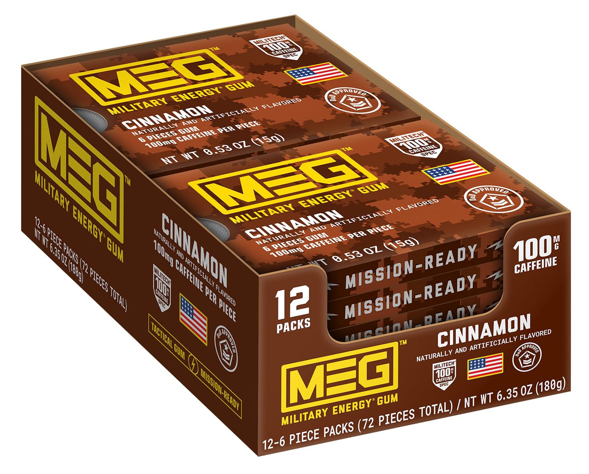 MEG envase delantero canela mostrando 12 paquetes y beneficio portátil