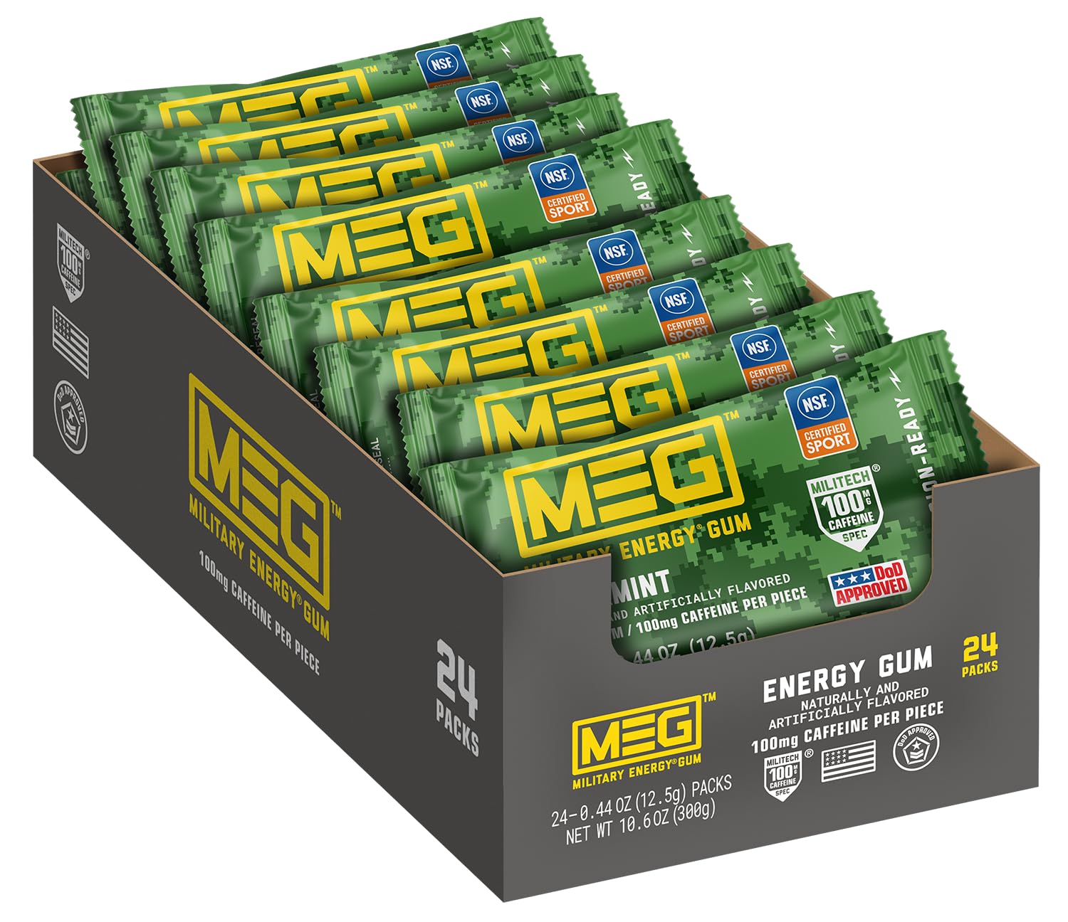 MEG chicle Spearmint paquete frontal mostrando diseño y beneficio de energía rápida