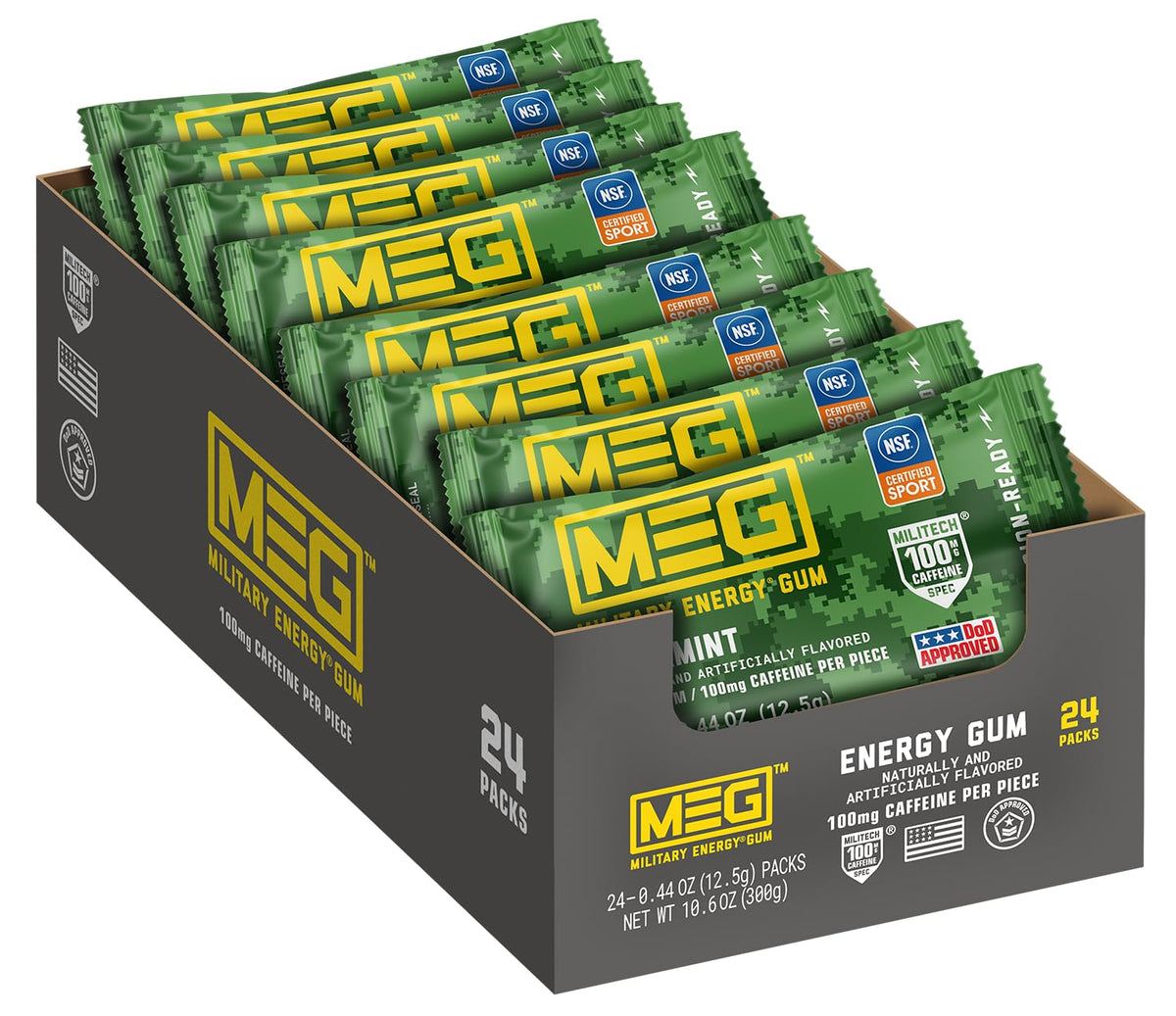 MEG chicle Spearmint paquete frontal mostrando diseño y beneficio de energía rápida