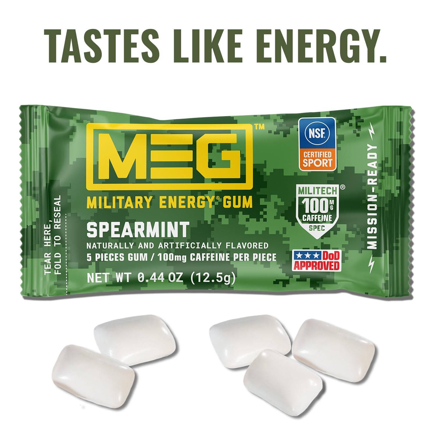 MEG chicle pieza en primer plano destacando textura y liberación rápida de cafeína