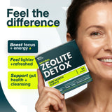 MEGA HEALTH detalle del polvo de zeolita que enfatiza pureza y calidad