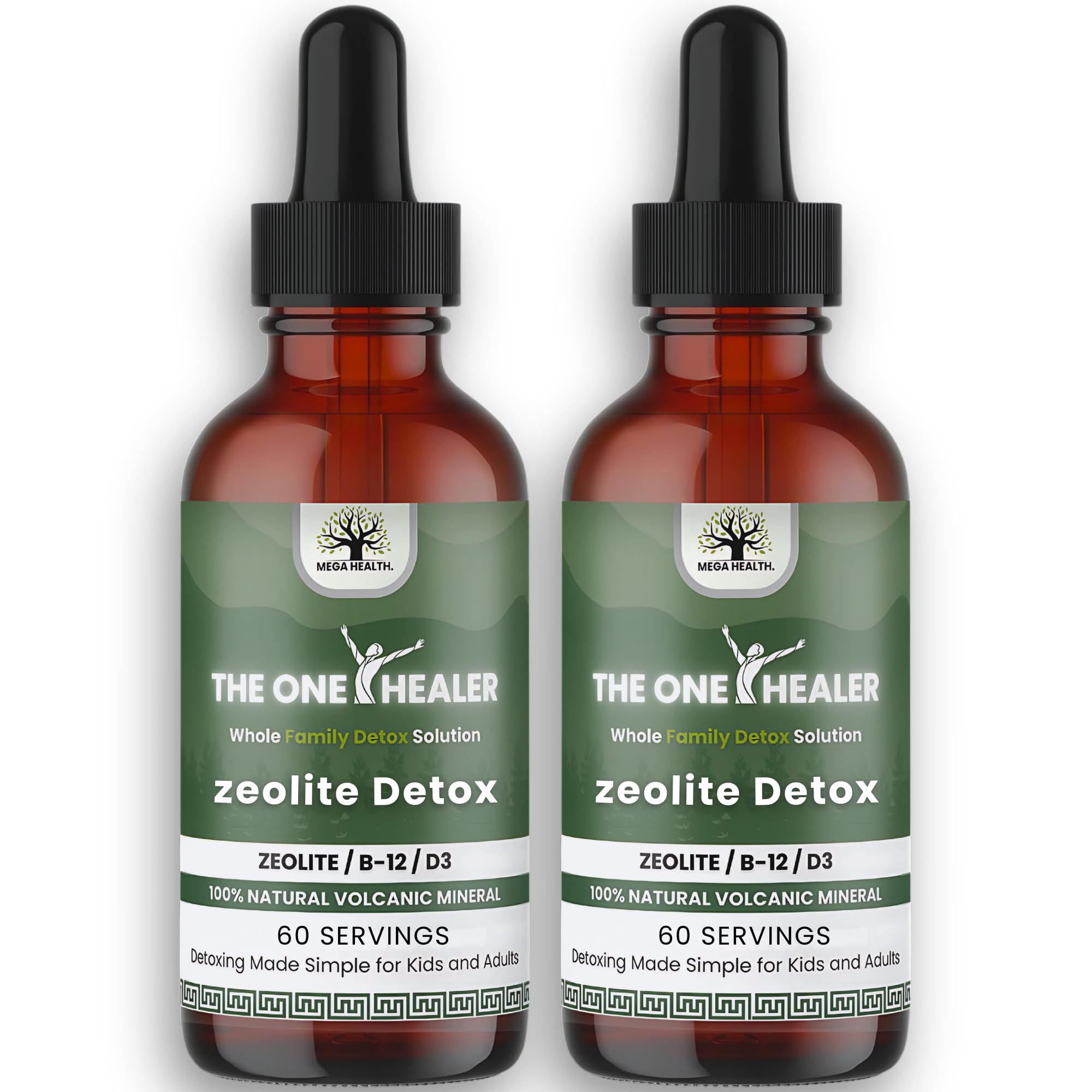 MEGA HEALTH envase frontal del Zeolite Detox mostrando etiqueta y beneficio familiar