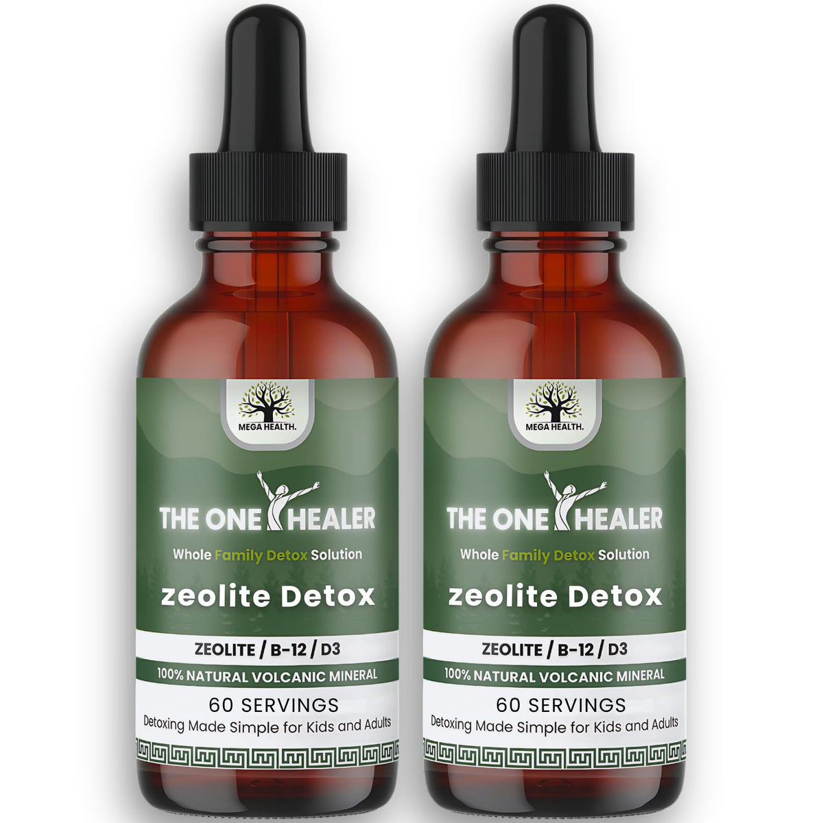 MEGA HEALTH envase frontal del Zeolite Detox mostrando etiqueta y beneficio familiar
