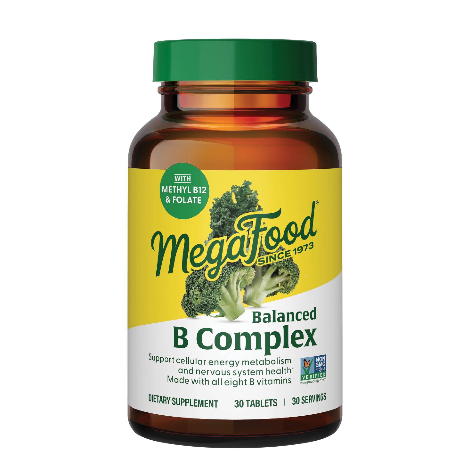 MegaFood frasco frontal del Balanced B Complex mostrando etiqueta clara y beneficios